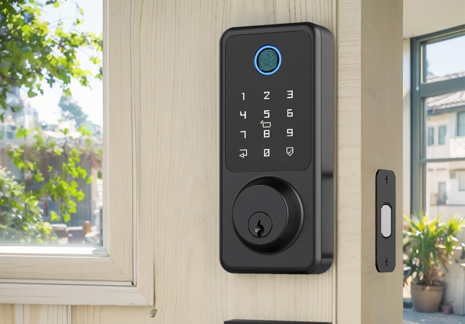 Smart deadbolt fitted to a door